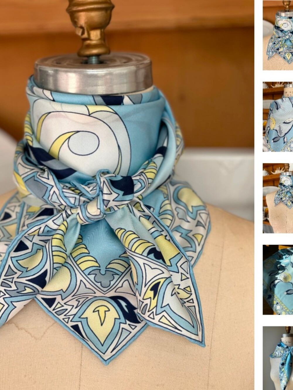 Light Blue Printed Women's 100% Silk Scarf with Navy and Yellow Accents